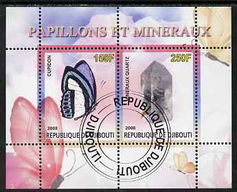 Djibouti 2008 Butterflies & minerals #1 perf sheetlet containing 2 values fine cto used, stamps on butterflies, stamps on minerals