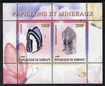 Djibouti 2008 Butterflies & minerals #1 perf sheetlet containing 2 values unmounted mint, stamps on butterflies, stamps on minerals