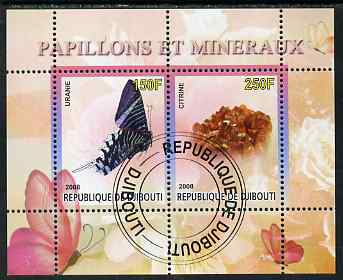 Djibouti 2008 Butterflies & minerals #2 perf sheetlet containing 2 values fine cto used, stamps on , stamps on  stamps on butterflies, stamps on  stamps on minerals