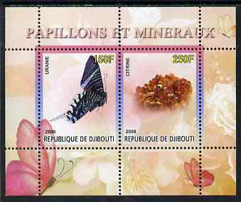 Djibouti 2008 Butterflies & minerals #2 perf sheetlet containing 2 values unmounted mint, stamps on butterflies, stamps on minerals