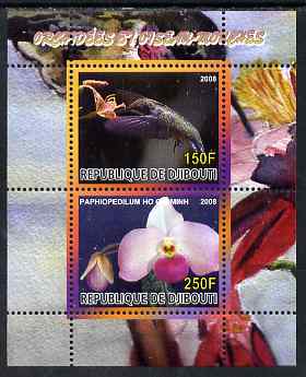 Djibouti 2008 Hummingbirds & Orchids #1 perf sheetlet containing 2 values unmounted mint, stamps on , stamps on  stamps on birds, stamps on  stamps on hummingbirds, stamps on  stamps on orchids, stamps on  stamps on flowers