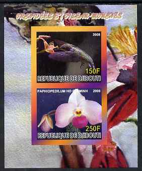 Djibouti 2008 Hummingbirds & Orchids #1 imperf sheetlet containing 2 values unmounted mint, stamps on , stamps on  stamps on birds, stamps on  stamps on hummingbirds, stamps on  stamps on orchids, stamps on  stamps on flowers