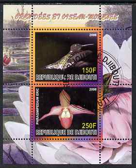 Djibouti 2008 Hummingbirds & Orchids #2 perf sheetlet containing 2 values fine cto used, stamps on birds, stamps on hummingbirds, stamps on orchids, stamps on flowers