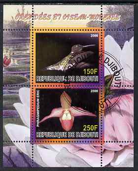 Djibouti 2008 Hummingbirds & Orchids #2 perf sheetlet containing 2 values fine cto used, stamps on , stamps on  stamps on birds, stamps on  stamps on hummingbirds, stamps on  stamps on orchids, stamps on  stamps on flowers