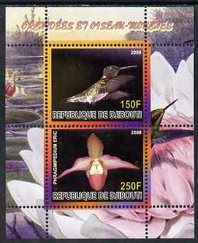 Djibouti 2008 Hummingbirds & Orchids #2 perf sheetlet containing 2 values unmounted mint, stamps on , stamps on  stamps on birds, stamps on  stamps on hummingbirds, stamps on  stamps on orchids, stamps on  stamps on flowers