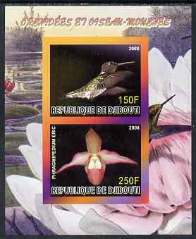 Djibouti 2008 Hummingbirds & Orchids #2 imperf sheetlet containing 2 values unmounted mint, stamps on , stamps on  stamps on birds, stamps on  stamps on hummingbirds, stamps on  stamps on orchids, stamps on  stamps on flowers