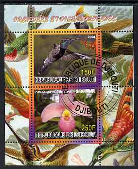 Djibouti 2008 Hummingbirds & Orchids #3 perf sheetlet containing 2 values fine cto used, stamps on , stamps on  stamps on birds, stamps on  stamps on hummingbirds, stamps on  stamps on orchids, stamps on  stamps on flowers