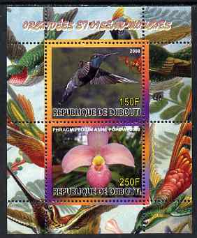 Djibouti 2008 Hummingbirds & Orchids #3 perf sheetlet containing 2 values unmounted mint, stamps on , stamps on  stamps on birds, stamps on  stamps on hummingbirds, stamps on  stamps on orchids, stamps on  stamps on flowers