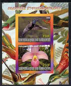 Djibouti 2008 Hummingbirds & Orchids #3 imperf sheetlet containing 2 values unmounted mint, stamps on , stamps on  stamps on birds, stamps on  stamps on hummingbirds, stamps on  stamps on orchids, stamps on  stamps on flowers