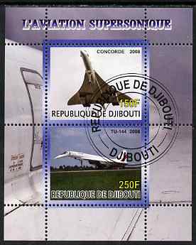 Djibouti 2008 Supersonic Aircraft perf sheetlet containing 2 values fine cto used, stamps on aviation, stamps on concorde, stamps on tu-144, stamps on 