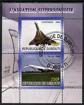 Djibouti 2008 Supersonic Aircraft perf sheetlet containing 2 values fine cto used, stamps on , stamps on  stamps on aviation, stamps on  stamps on concorde, stamps on  stamps on tu-144, stamps on  stamps on 