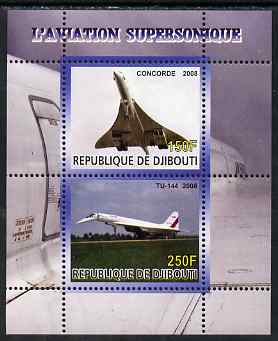 Djibouti 2008 Supersonic Aircraft perf sheetlet containing 2 values unmounted mint, stamps on aviation, stamps on concorde, stamps on tu-144, stamps on 