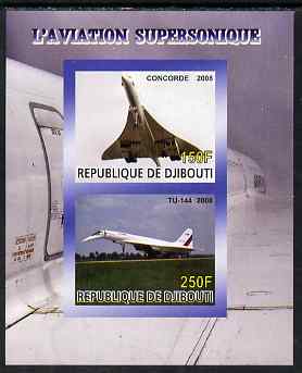 Djibouti 2008 Supersonic Aircraft imperf sheetlet containing 2 values unmounted mint, stamps on aviation, stamps on concorde, stamps on tu-144, stamps on 