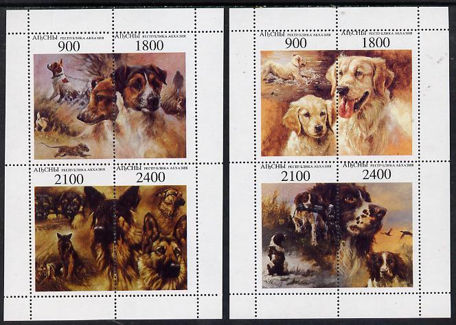 Abkhazia 1995 Dogs perf set of 8 (2 sheetlets of 4) unmounted mint, stamps on , stamps on  stamps on animals   dogs    golden-retriever, stamps on  stamps on  gsd , stamps on  stamps on springer     jack-russell