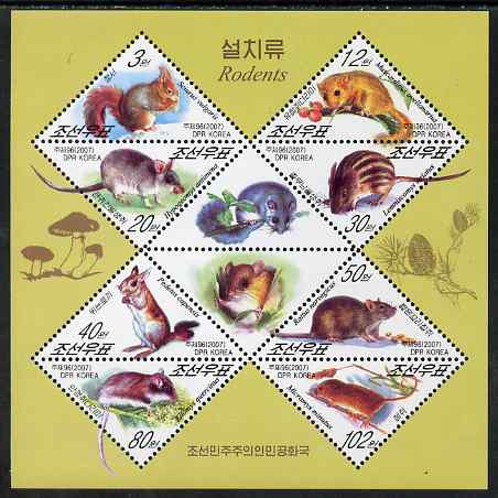 North Korea 2007 Rodents perf sheetlet containing 10 triangular values unmounted mint, SG MS N4673, stamps on animals, stamps on rodents, stamps on triangular