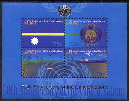 Nauru 1995 50th Anniversary of United Nations (1st issue) perf m/sheet unmounted mint, SG MS 434, stamps on , stamps on  stamps on united nations, stamps on  stamps on ships, stamps on  stamps on aviation, stamps on  stamps on flags