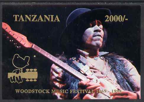 Tanzania 1994 25th Anniversary of Woodstock imperf m/sheet (on card) showing Jimi Hendrix unmounted mint, stamps on personalities, stamps on music, stamps on rock, stamps on pops, stamps on hendrix