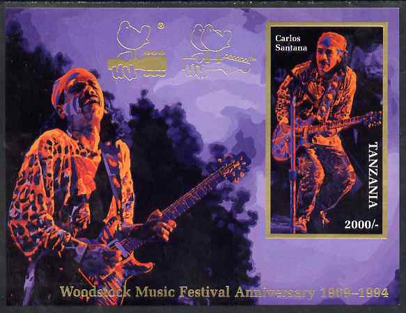 Tanzania 1994 25th Anniversary of Woodstock imperf m/sheet (on card) showing Carlos Santana unmounted mint, stamps on , stamps on  stamps on personalities, stamps on  stamps on music, stamps on  stamps on rock, stamps on  stamps on pops, stamps on  stamps on hendrix