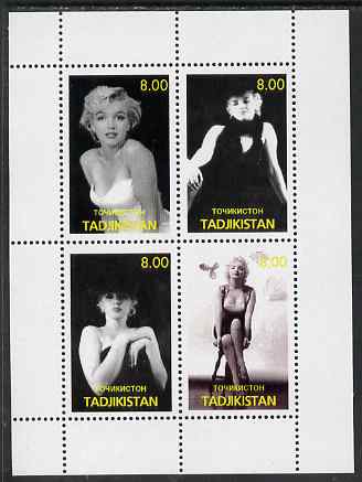 Tadjikistan 2000 Marilyn Monroe perf sheetlet containing 4 values (black & white) unmounted mint, stamps on , stamps on  stamps on music, stamps on entertainments, stamps on marilyn monroe, stamps on films, stamps on cinema, stamps on personalities