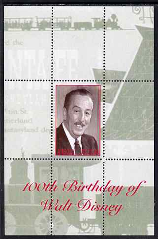 Angola 2001 Birth Centenary of Walt Disney perf s/sheet #4 unmounted mint. Note this item is privately produced and is offered purely on its thematic appeal, stamps on , stamps on  stamps on personalities, stamps on  stamps on movies, stamps on  stamps on films, stamps on  stamps on disney, stamps on  stamps on cinema, stamps on  stamps on railways