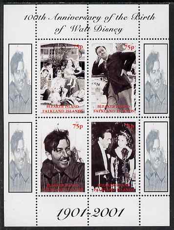 Bleaker Island (Falkland Islands) 2001 Birth Centenary of Walt Disney perf sheetlet containing 4 values unmounted mint. Note this item is privately produced and is offered purely on its thematic appeal, it has no postal validity, stamps on , stamps on  stamps on personalities, stamps on  stamps on movies, stamps on  stamps on films, stamps on  stamps on disney, stamps on  stamps on cinema, stamps on  stamps on 