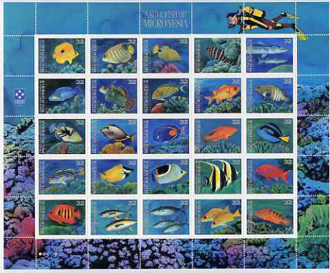 Micronesia 1995 Fishes perf sheetlet containing 25 x 32c values unmounted mint, SG 465-89, stamps on , stamps on  stamps on fish