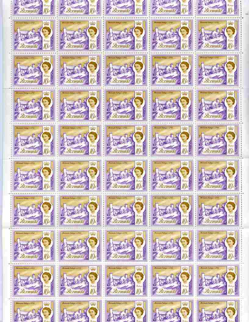 Bermuda 1966-69 Cottage 10d wmk sideways complete sheet of 60 unmounted mint SG 197, stamps on houses