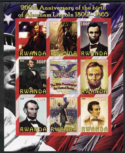 Rwanda 2009 200th Birth Anniversary of Abraham Lincoln imperf sheetlet containing 9 values unmounted mint, stamps on , stamps on  stamps on personalities, stamps on  stamps on lincoln, stamps on  stamps on flags, stamps on  stamps on usa presidents, stamps on  stamps on americana, stamps on  stamps on 