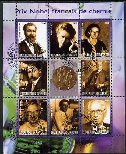 Djibouti 2009 French Nobel Prize Winners for Chemistry perf sheetlet containing 9 values fine cto used, stamps on , stamps on  stamps on personalities, stamps on  stamps on nobel, stamps on  stamps on women, stamps on  stamps on curie, stamps on  stamps on science, stamps on  stamps on chemistry, stamps on  stamps on medical