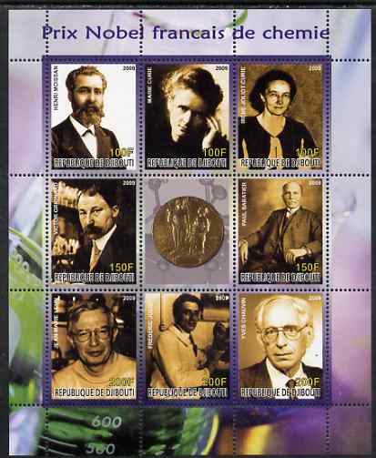 Djibouti 2009 French Nobel Prize Winners for Chemistry perf sheetlet containing 9 values unmounted mint, stamps on personalities, stamps on nobel, stamps on women, stamps on curie, stamps on science, stamps on chemistry, stamps on medical