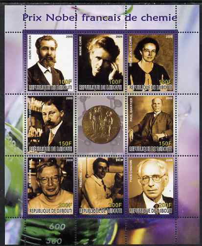 Djibouti 2009 French Nobel Prize Winners for Chemistry perf sheetlet containing 9 values unmounted mint, stamps on , stamps on  stamps on personalities, stamps on  stamps on nobel, stamps on  stamps on women, stamps on  stamps on curie, stamps on  stamps on science, stamps on  stamps on chemistry, stamps on  stamps on medical