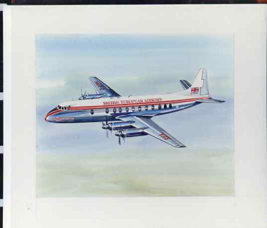 Isle of Man 1984 50th Anniversary of First Air Mail & ICAO Anniversary - original hand-painted artwork by A D Theobald showing BEA Vickers Viscount, as used to illustrate Benham silk first day cover (28p value), mounted on board 6 x 4.5 plus the matching Benham silk cover, a magnificent and attractive unit, stamps on , stamps on  stamps on personalities, stamps on  stamps on pope, stamps on  stamps on elvis, stamps on  stamps on diana, stamps on  stamps on royalty, stamps on  stamps on apollo, stamps on  stamps on space, stamps on  stamps on marilyn, stamps on  stamps on scouts, stamps on  stamps on disney, stamps on  stamps on teresa, stamps on  stamps on churchill, stamps on  stamps on golf