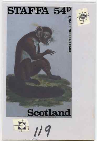 Staffa 1983 Primates (Long Fingered Lemur) original composite artwork believed to be from the B L Kearley Studio, comprising a coloured photograph mounted on board 120 x 170 mm with overlay, plus issued 54p perf label incorporating this image, stamps on , stamps on  stamps on animals, stamps on  stamps on apes
