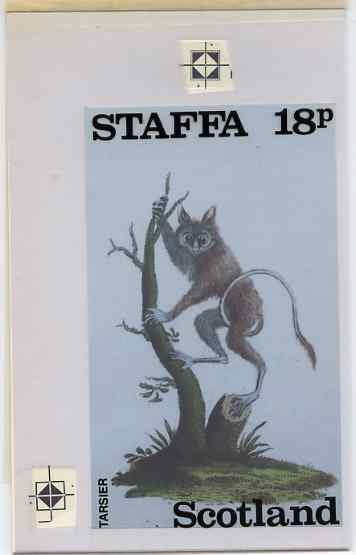 Staffa 1983 Primates (Tarsier) original composite artwork believed to be from the B L Kearley Studio, comprising a coloured photograph mounted on board 115 x 180 mm with overlay, plus issued 18p perf label incorporating this image, stamps on , stamps on stamps on animals, stamps on stamps on apes