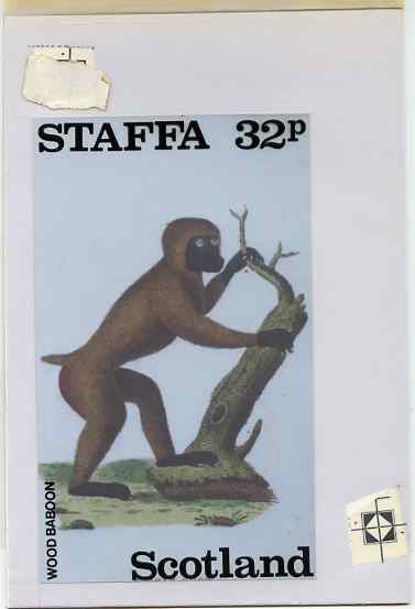 Staffa 1983 Primates (Wood Baboon) original composite artwork believed to be from the B L Kearley Studio, comprising a coloured photograph mounted on board 120 x 180 mm w..., stamps on animals, stamps on apes