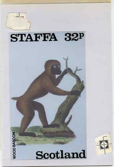 Staffa 1983 Primates (Wood Baboon) original composite artwork believed to be from the B L Kearley Studio, comprising a coloured photograph mounted on board 120 x 180 mm with overlay, plus issued 32p perf label incorporating this image, stamps on , stamps on stamps on animals, stamps on stamps on apes