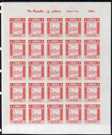 Liberia 1955 Tennis 3c imperf proof of red printing only as SG 756 Complete sheet of 25 on ungummed paper (reverse shows blue printing of 10c Baseball stamp SG 759 and commercial advert), stamps on , stamps on  stamps on sport, stamps on tennis, stamps on baseball