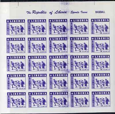 Liberia 1955 Baseball 10c imperf proof of blue printing only as SG 759 Complete sheet of 25 on ungummed paper (reverse shows red printing of 3c Tennis stamp SG 756), stamps on , stamps on  stamps on sport, stamps on tennis, stamps on baseball