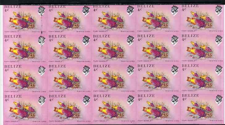 Belize 1984-88 Fairy Basslet 4c def spectacular imperf block of 20 showing superb 2mm shift of black (as SG 769) very fine double variety unmounted mint, stamps on , stamps on  stamps on fish, stamps on  stamps on marine life