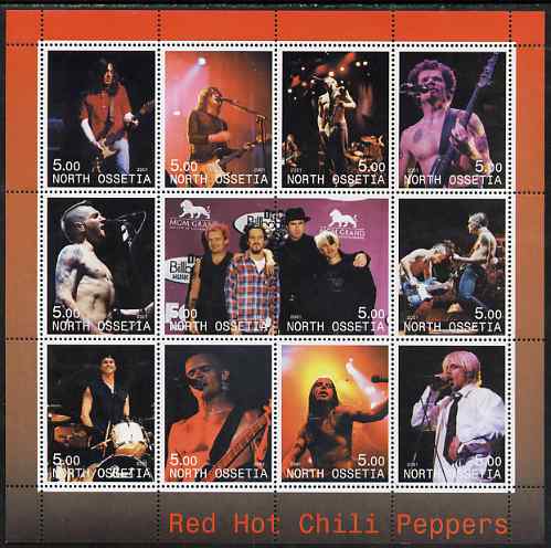 North Ossetia Republic 2001 Red Hot Chili Peppers perf sheetlet containing complete set of 12 values unmounted mint, stamps on , stamps on  stamps on personalities, stamps on  stamps on music, stamps on  stamps on pops, stamps on  stamps on rock