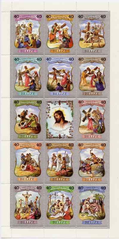 Belize 1988 Easter - Stations of the Cross perf sheetlet of 14 values plus label unmounted mint, SG 1024a, stamps on , stamps on  stamps on easter, stamps on  stamps on religion