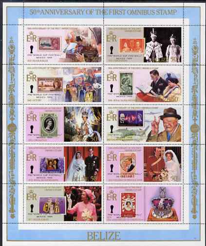 Belize 1985 50th Anniversary or First Omnibus Issue perf sheetlet containing 10 values unmounted mint, SG 835-44, stamps on , stamps on  stamps on royalty, stamps on  stamps on silver jubilee, stamps on  stamps on coronation, stamps on  stamps on royal silver wedding, stamps on  stamps on royal wedding, stamps on  stamps on victory, stamps on  stamps on stamponstamp