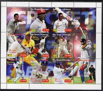 St Thomas & Prince Islands 2004 Cricket perf sheetlet containing 9 values plus 3 labels, unmounted mint, stamps on sport, stamps on cricket