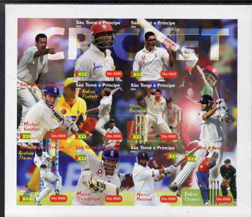 St Thomas & Prince Islands 2004 Cricket imperf sheetlet containing 9 values plus 3 labels, unmounted mint. Note this item is privately produced and is offered purely on i..., stamps on sport, stamps on cricket