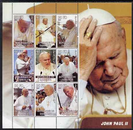 Djibouti 2003 Pope John Paul II perf sheetlet containing 9 values unmounted mint. Note this item is privately produced and is offered purely on its thematic appeal, stamps on personalities, stamps on popes, stamps on religion, stamps on 