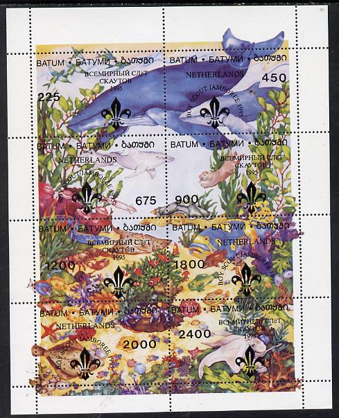 Batum 1995 Sea World composite perf sheet containing complete set of 8 (Whales, Fish, Shells) with Scout Jamboree overprint unmounted mint, stamps on , stamps on  stamps on animals   fish  marine-life   scouts   shells   whales