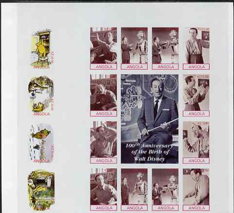 Angola 2001 Birth Centenary of Walt Disney imperf sheetlet containing 12 values, se-tenant with Pooh Bear sheetlet of 4 values from uncut proof sheet, scarce thus, stamps on personalities, stamps on films, stamps on cinema, stamps on entertainments, stamps on disney, stamps on millennium, stamps on bears