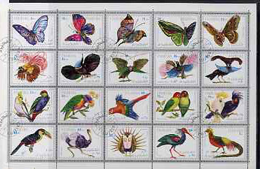 Fujeira 1972 Butterflies & Birds perf sheetlet containing 20 values fine cto used Michel 1160-79, stamps on butterflies, stamps on birds