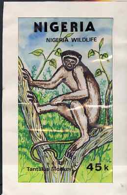 Nigeria 1984 Nigerian Wildlife - original hand-painted artwork for 45k value (Tantalus Monkey) by Godrick N Osuji on card 5 inches x 8.5 inches endorsed D2, stamps on animals, stamps on apes, stamps on monkeys