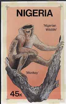 Nigeria 1984 Nigerian Wildlife - original hand-painted artwork for 45k value (Tantalus Monkey) by Francis Nwaije Isibor on card 5.5 inches x 8.5 inches endorsed D5, stamps on , stamps on  stamps on animals, stamps on  stamps on apes, stamps on  stamps on monkeys